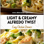 Plate of creamy light Chicken and Broccoli Alfredo fettuccini with tender chicken pieces and fresh broccoli florets.